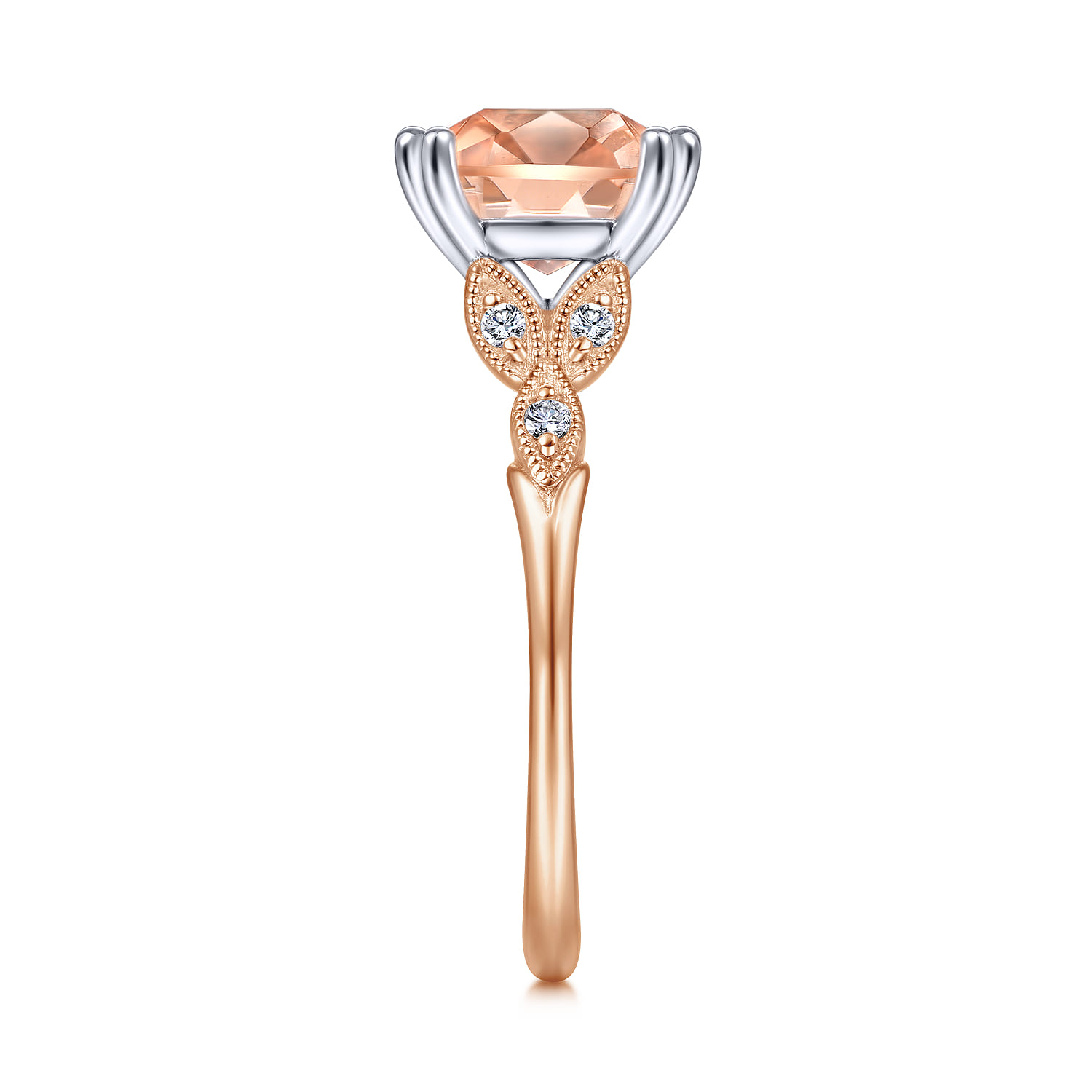 Celia - Vintage Inspired 14K White Rose Gold Cushion Cut Morganite and Diamond - 0.07 ct - Shot 5