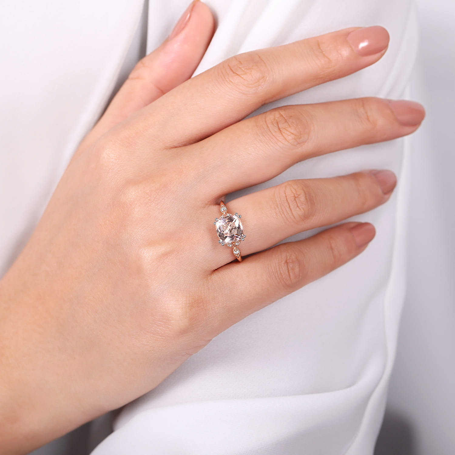 Celia - Vintage Inspired 14K White Rose Gold Cushion Cut Morganite and Diamond - 0.07 ct - Shot 6