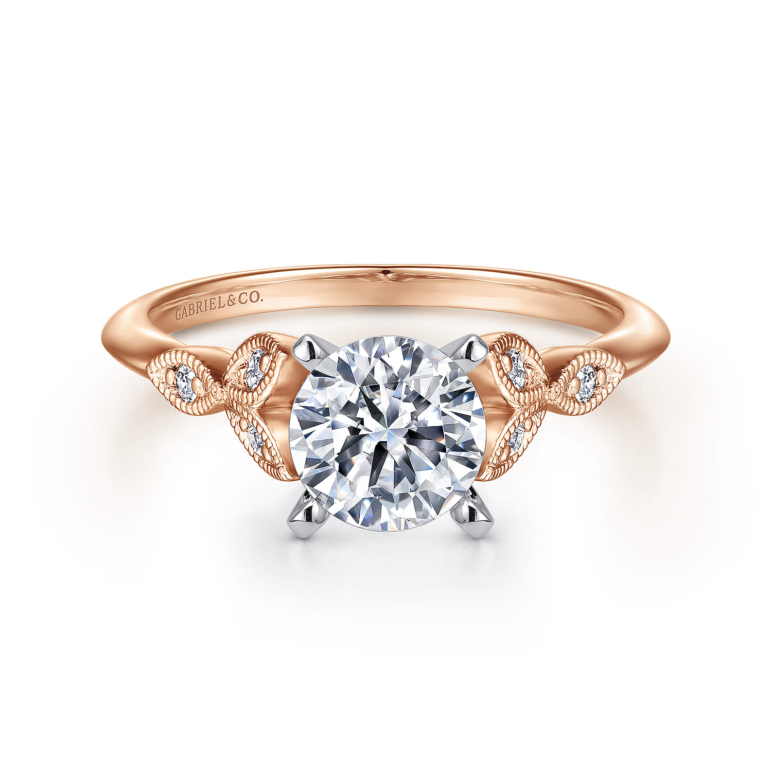 Eliza - Vintage Inspired 14K White-Rose Gold Split Shank Round Diamond Engagement Ring - 0.07 ct - Shot 1