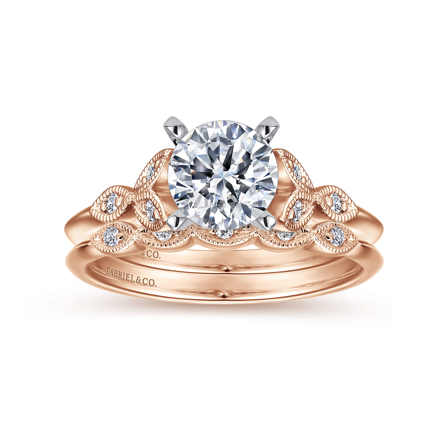 Eliza - Vintage Inspired 14K White-Rose Gold Split Shank Round Diamond Engagement Ring - 0.07 ct - Shot 4