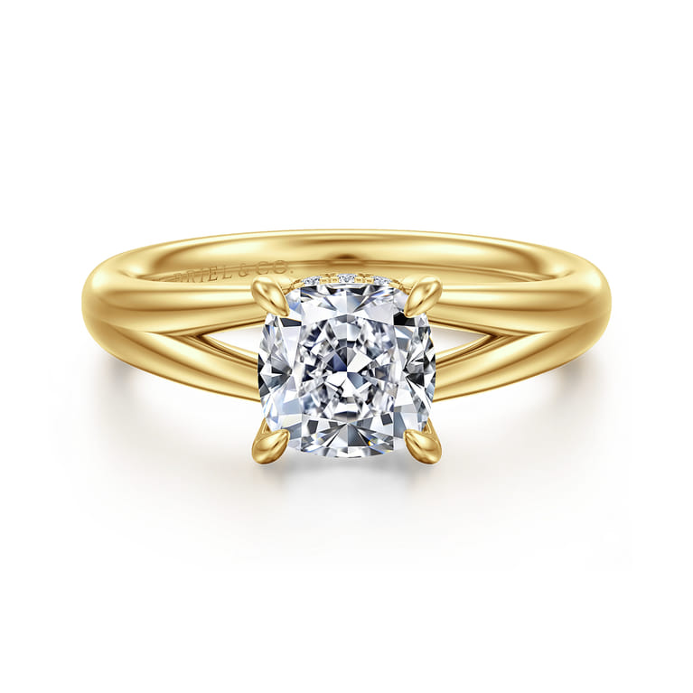 Sanah - 14K Yellow Gold Split Shank Cushion Cut Diamond Engagement Ring - 0.07 ct - Shot 1