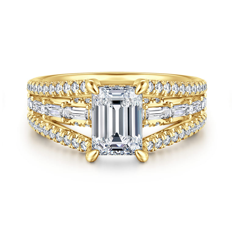 Brinne - 14K Yellow Gold Three Row Emerald Cut Diamond Engagement Ring - 0.9 ct - Shot 1