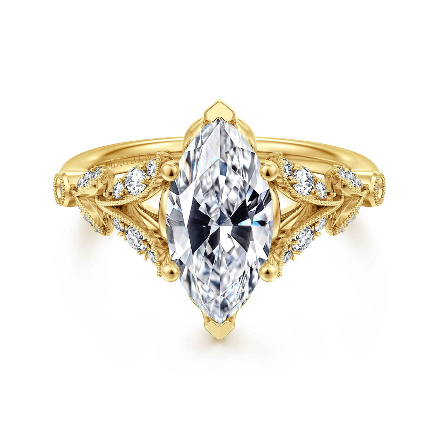 Bryce - Vintage Inspired 14K Yellow Gold Split Shank Marquise Shape Diamond Engagement Ring - 0.22 ct - Shot 1