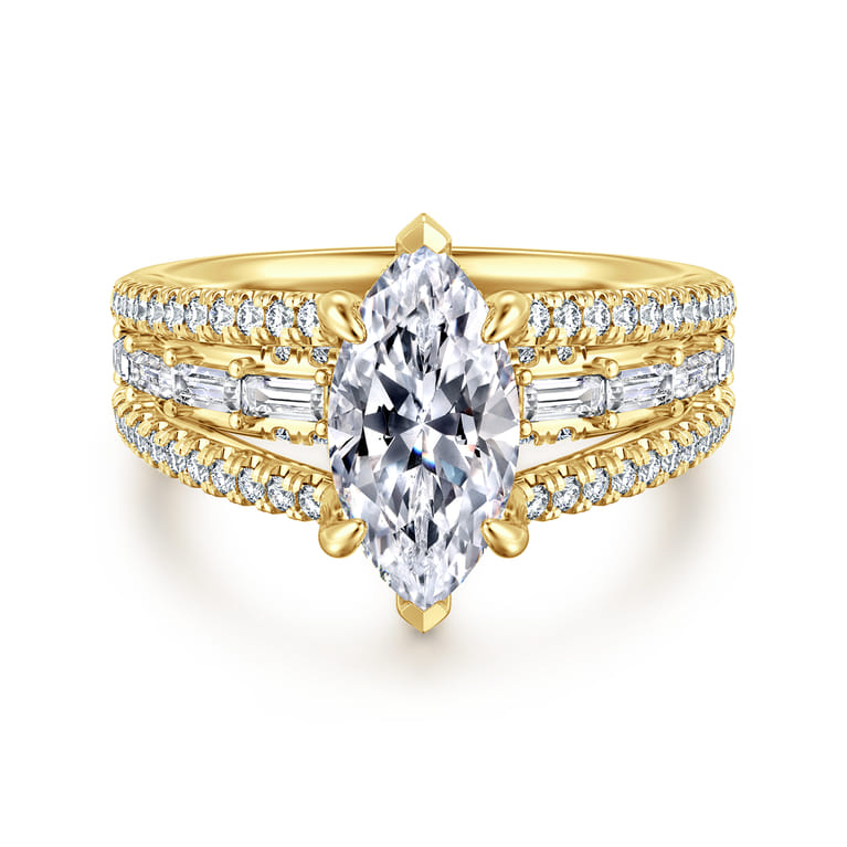 Brinne - 14K Yellow Gold Three Row Marquise Shape Diamond Engagement Ring - 0.9 ct - Shot 1
