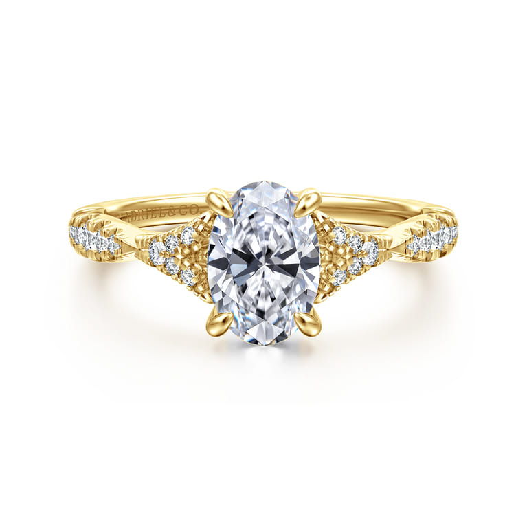 Unica - 14K Yellow Gold Split Shank Oval Diamond Engagement Ring - 0.2 ct - Shot 1
