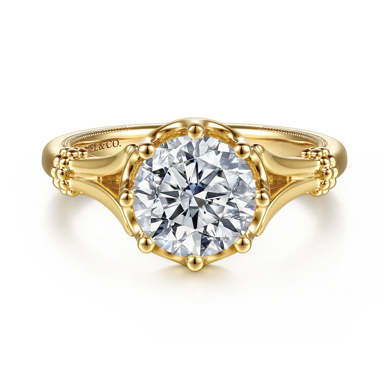 Rey - Vintage Inspired 14K Yellow Gold Split Shank Round Diamond Engagement Ring - Shot 1