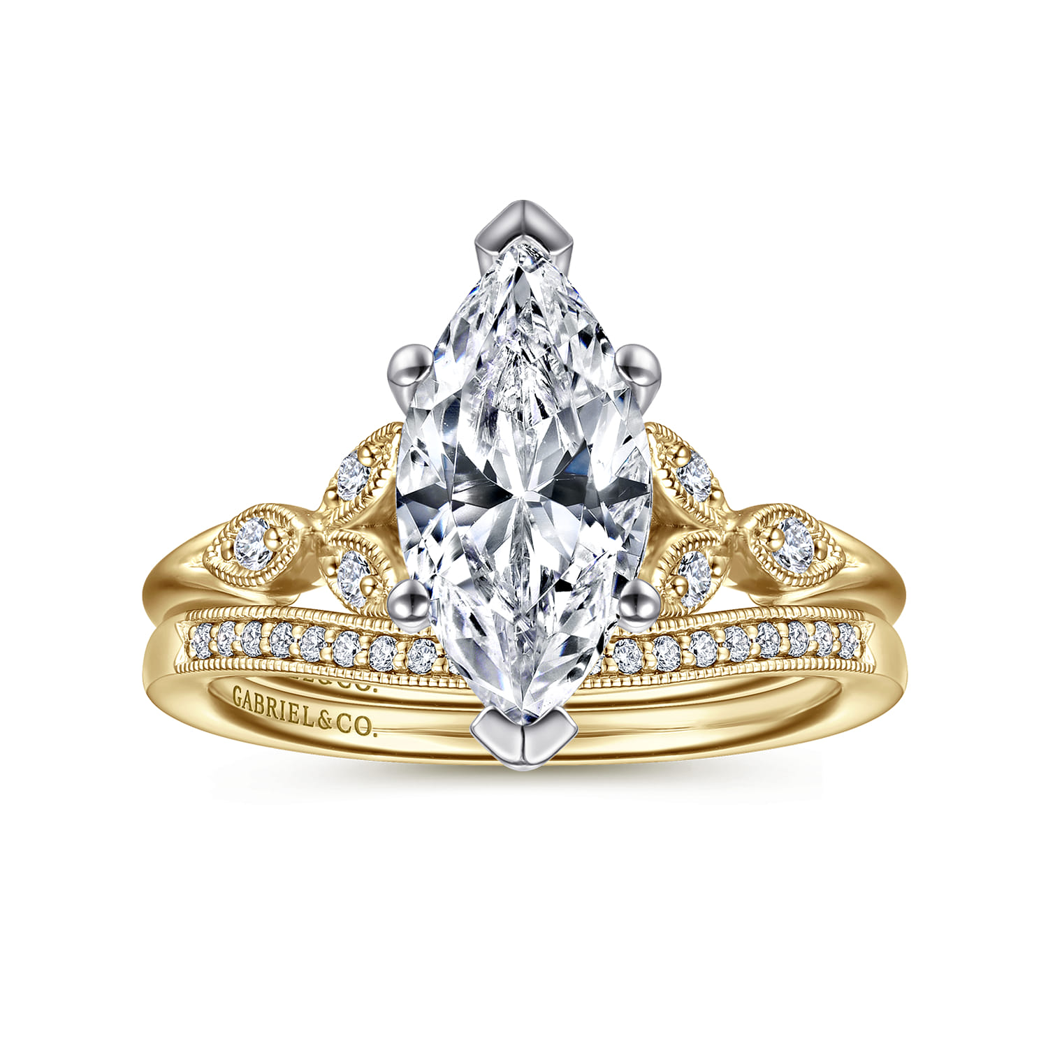 Celia - 14K White-Yellow Gold Marquise Shape Diamond Engagement Ring - 0.07 ct - Shot 4