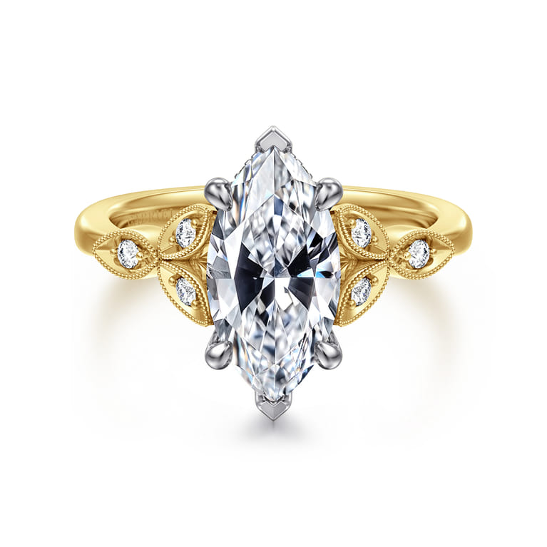 Brigida - Vintage Inspired 14K White-Yellow Gold Marquise Shape Diamond Engagement Ring - Shot 1