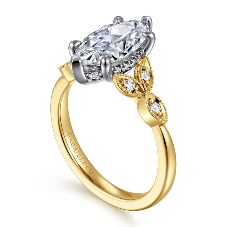 Brigida - Vintage Inspired 14K White-Yellow Gold Marquise Shape Diamond Engagement Ring - Shot 3