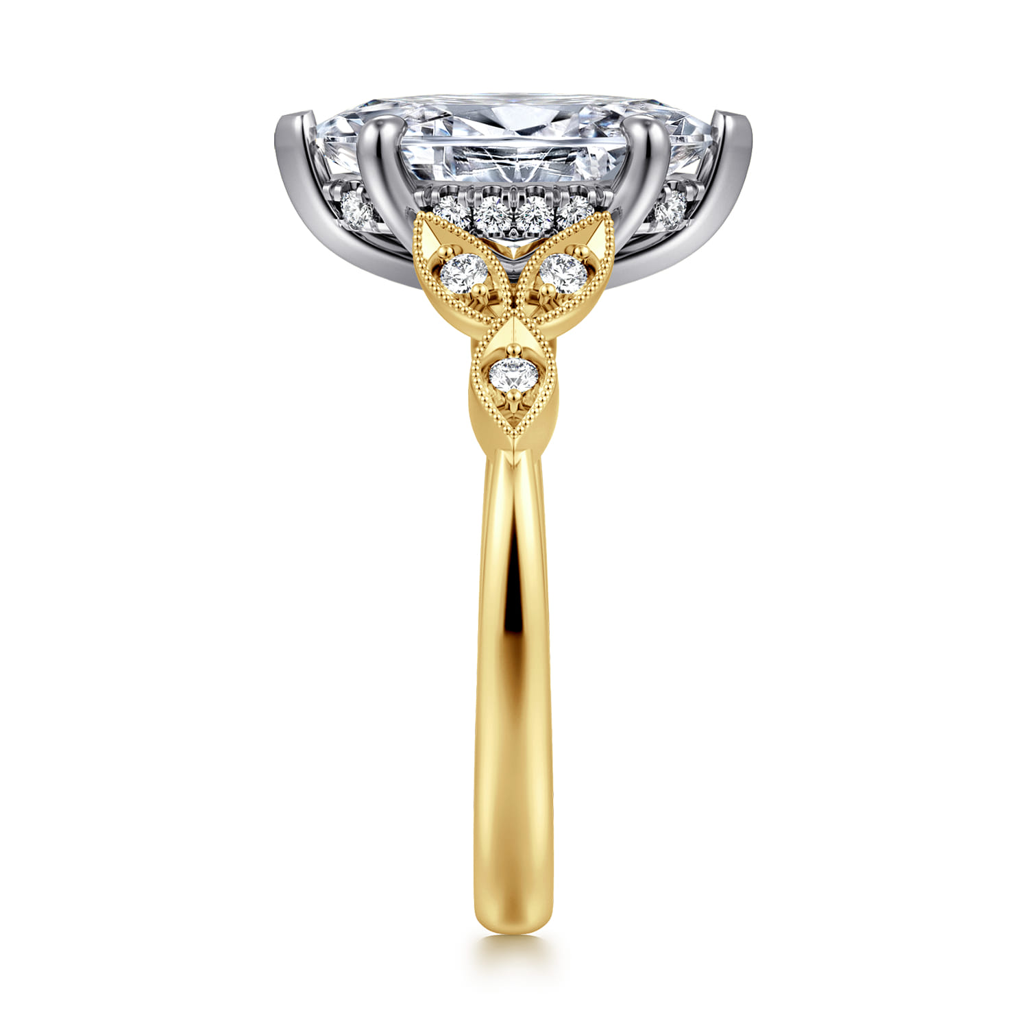 Brigida - Vintage Inspired 14K White-Yellow Gold Marquise Shape Diamond Engagement Ring - Shot 4