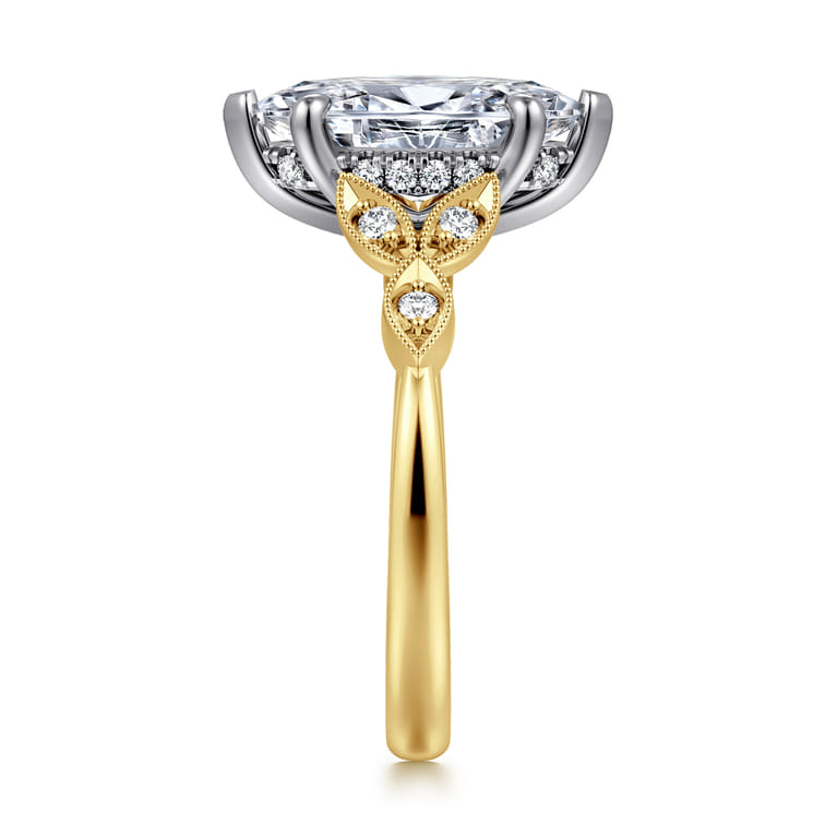 Brigida - Vintage Inspired 14K White-Yellow Gold Marquise Shape Diamond Engagement Ring - Shot 4