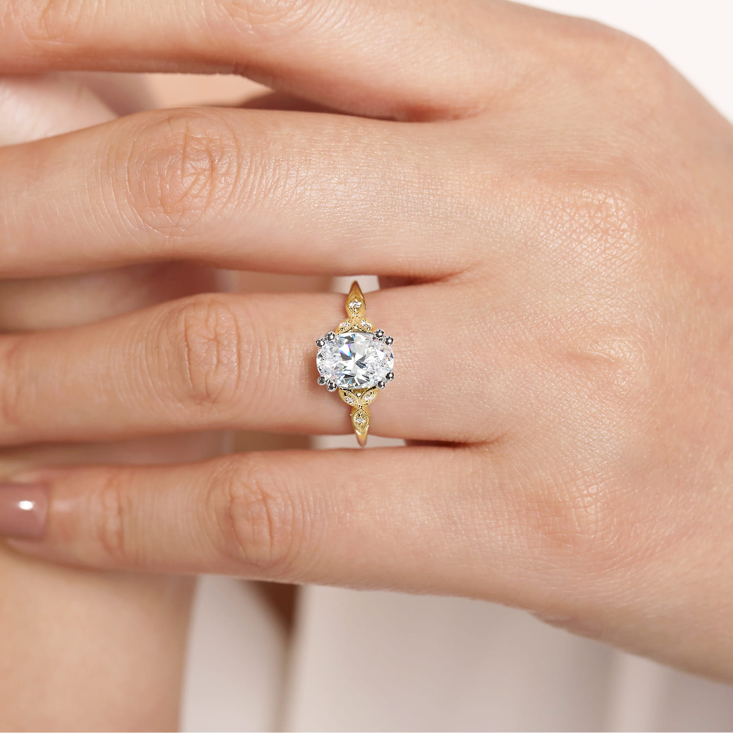 Celia - 14K White-Yellow Gold Oval Diamond Engagement Ring - 0.08 ct - Shot 6