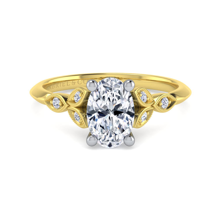 Eliza - Vintage Inspired 14K White-Yellow Gold Split Shank Oval Diamond Engagement Ring - 0.07 ct - Shot 1