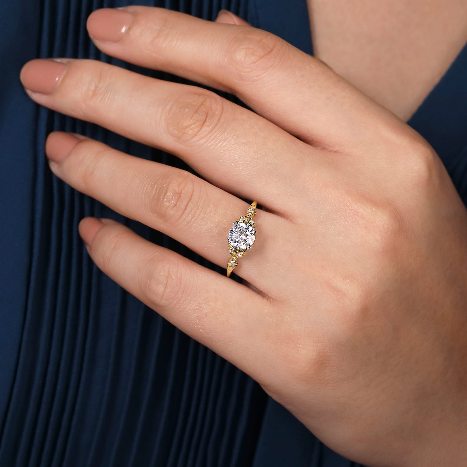 Celia - 14K White-Yellow Gold Round Diamond Engagement Ring - 0.07 ct - Shot 6