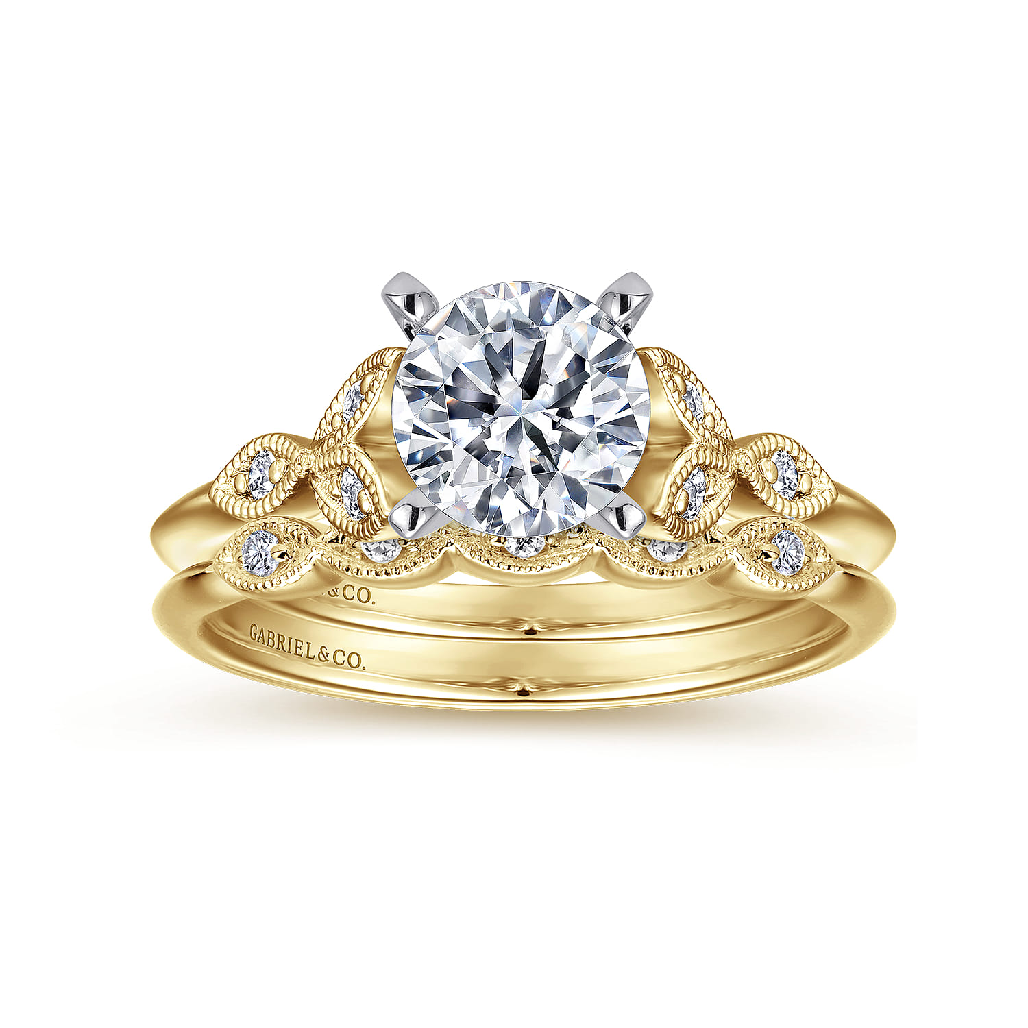 Eliza - Vintage Inspired 14K White-Yellow Gold Split Shank Round Diamond Engagement Ring - 0.07 ct - Shot 4