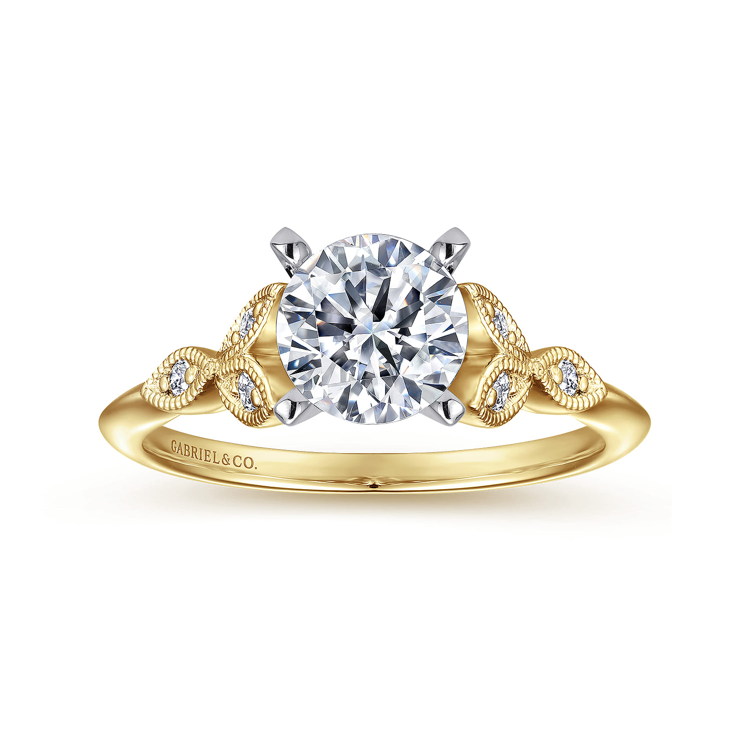 Eliza - Vintage Inspired 14K White-Yellow Gold Split Shank Round Diamond Engagement Ring - 0.07 ct - Shot 5