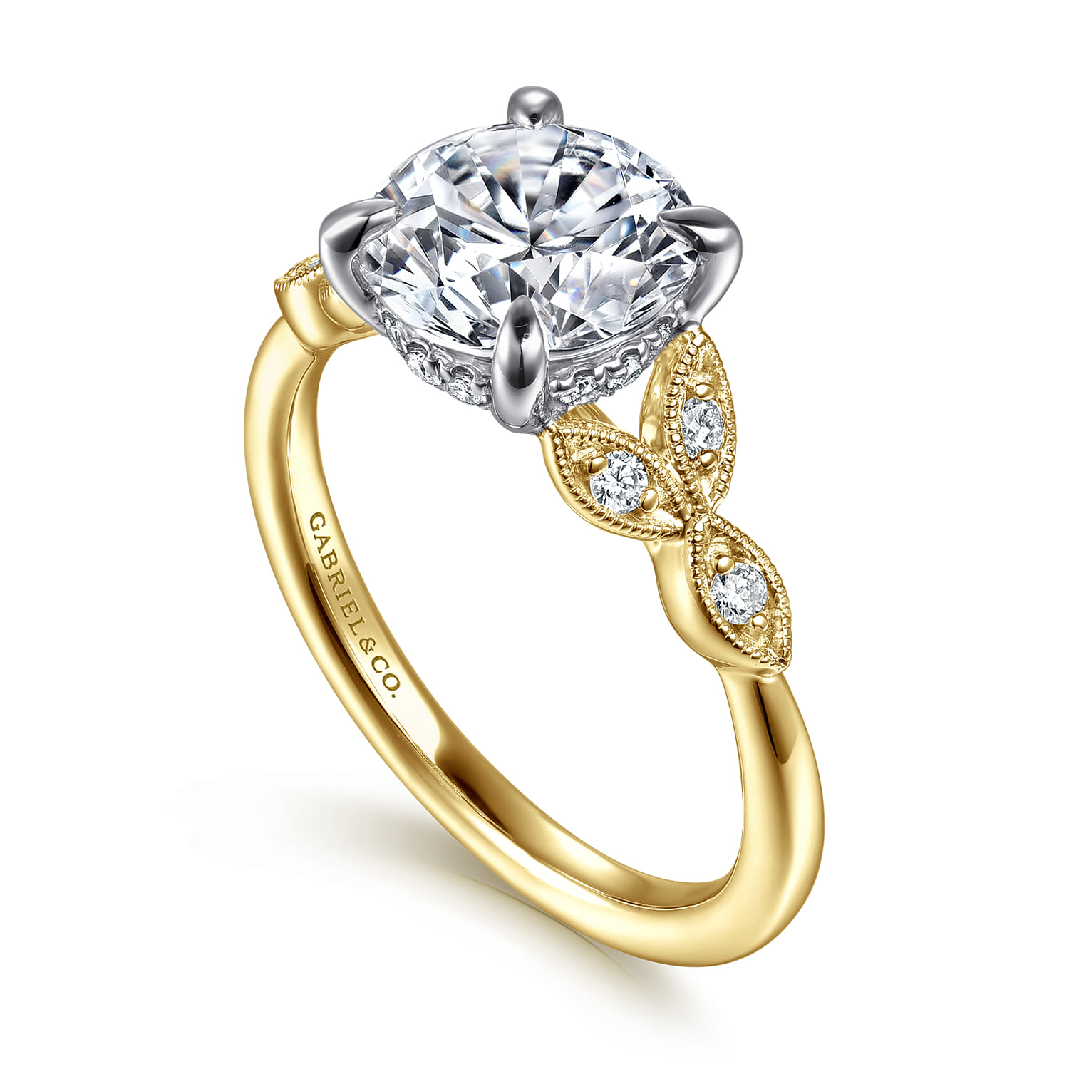 Brigida - Vintage Inspired 14K White-Yellow Gold Round Diamond Engagement Ring - 0.15 ct - Shot 3