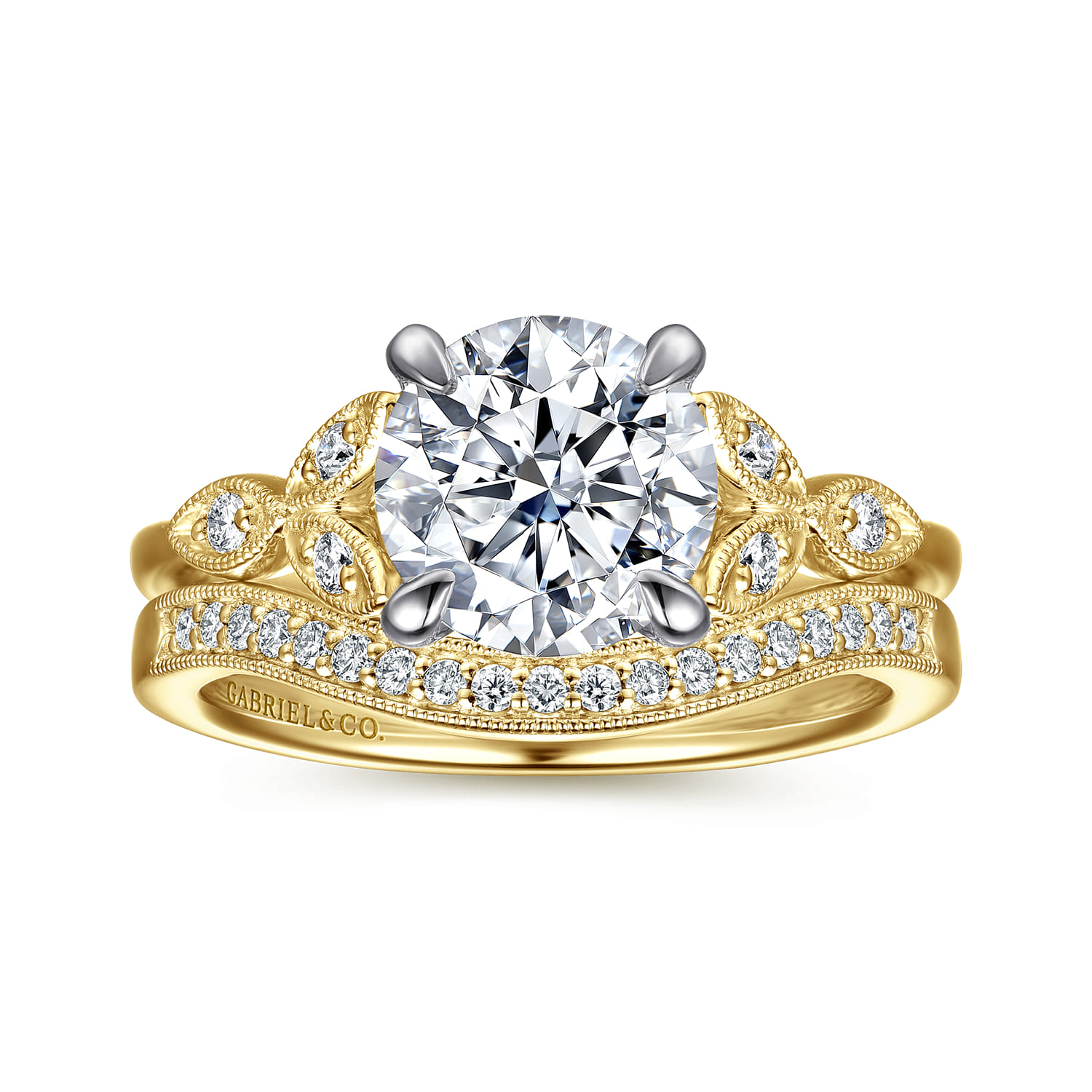Brigida - Vintage Inspired 14K White-Yellow Gold Round Diamond Engagement Ring - 0.15 ct - Shot 4
