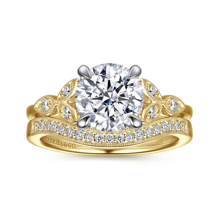 Brigida - Vintage Inspired 14K White-Yellow Gold Round Diamond Engagement Ring - 0.15 ct - Shot 4