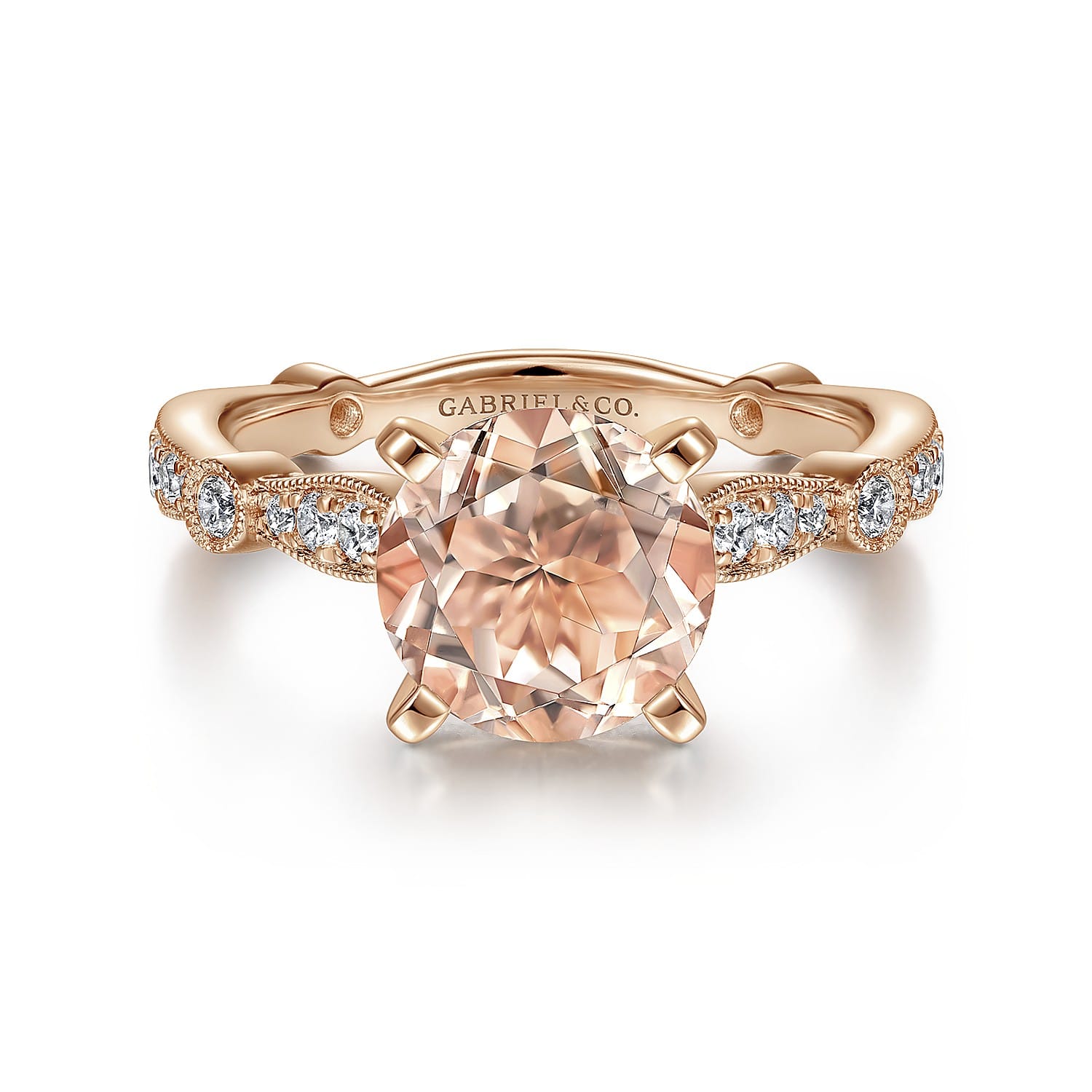 Mabel - Vintage Inspired 14K Rose Gold Round Morganite and Diamond Engagement Ring - 0.35 ct - Shot 1