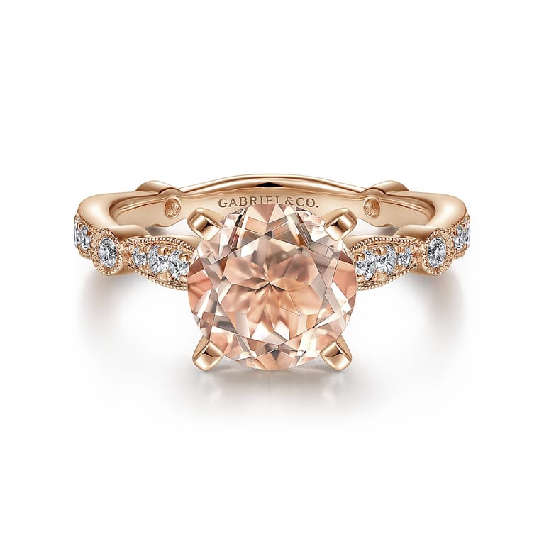 Mabel - Vintage Inspired 14K Rose Gold Round Morganite and Diamond Engagement Ring - 0.35 ct - Shot 1