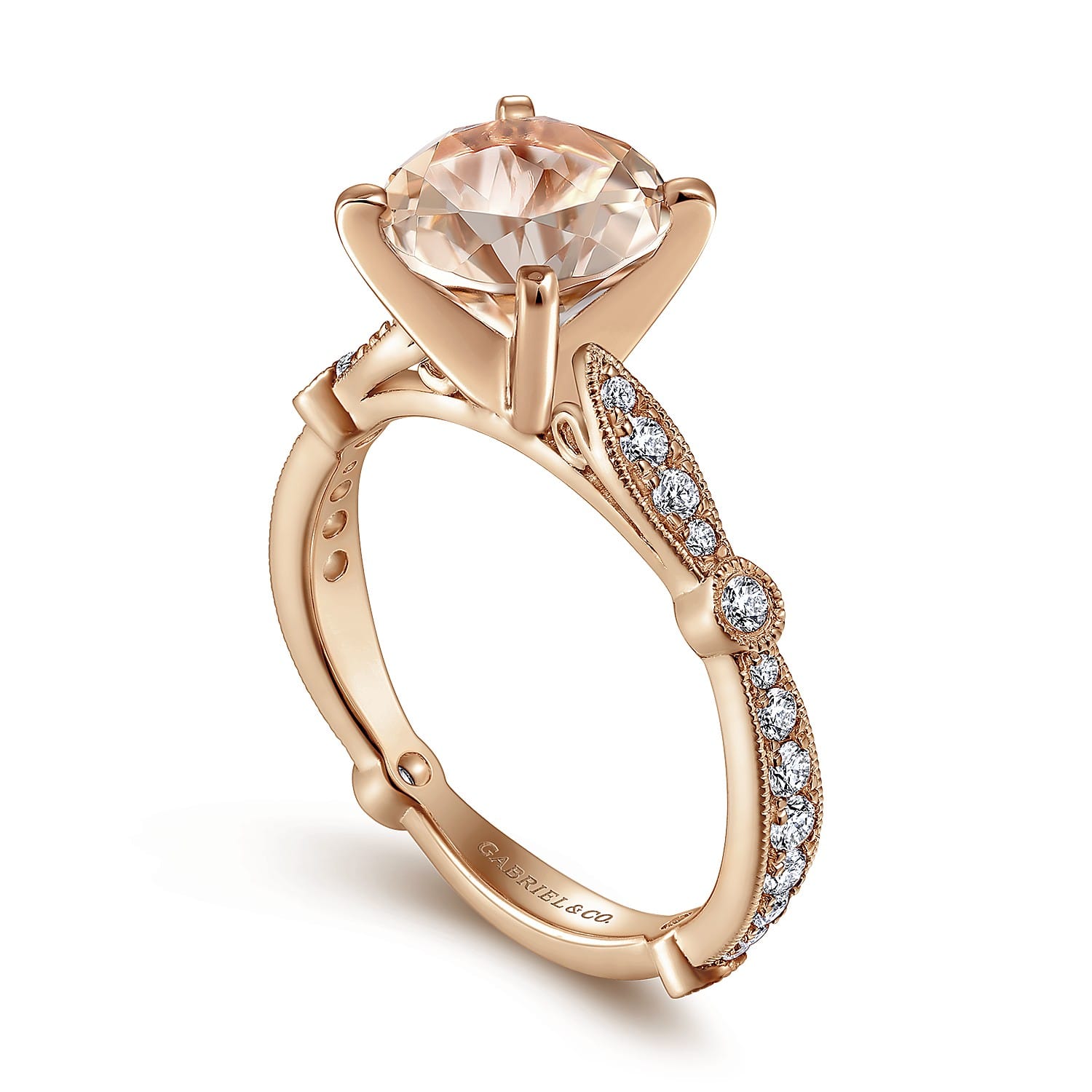 Mabel - Vintage Inspired 14K Rose Gold Round Morganite and Diamond Engagement Ring - 0.35 ct - Shot 3
