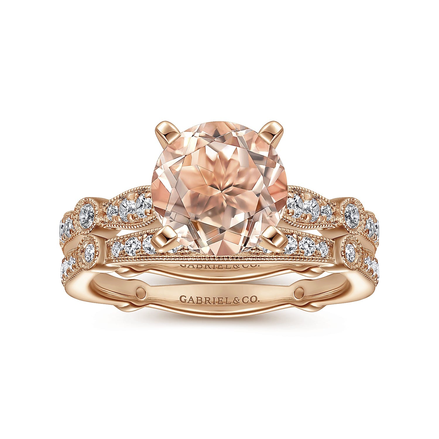 Mabel - Vintage Inspired 14K Rose Gold Round Morganite and Diamond Engagement Ring - 0.35 ct - Shot 4