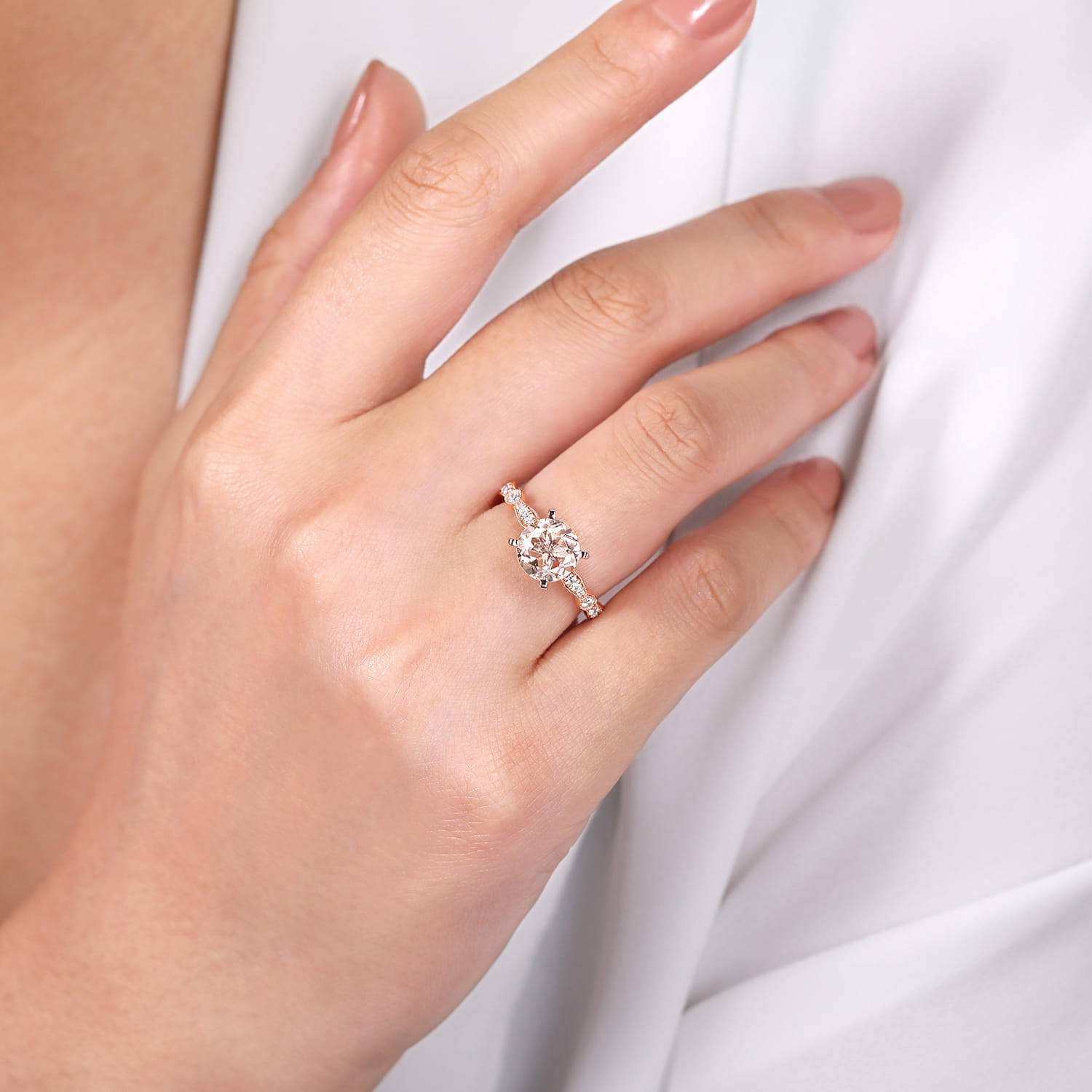 Mabel - Vintage Inspired 14K Rose Gold Round Morganite and Diamond Engagement Ring - 0.35 ct - Shot 6