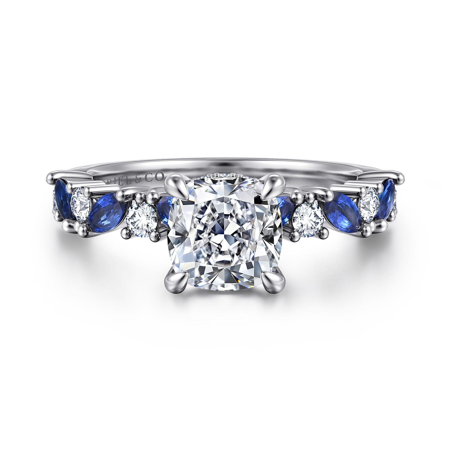 Damiana - 14K White Gold Cushion Cut Sapphire and Diamond Engagement Ring - 0.3 ct - Shot 1