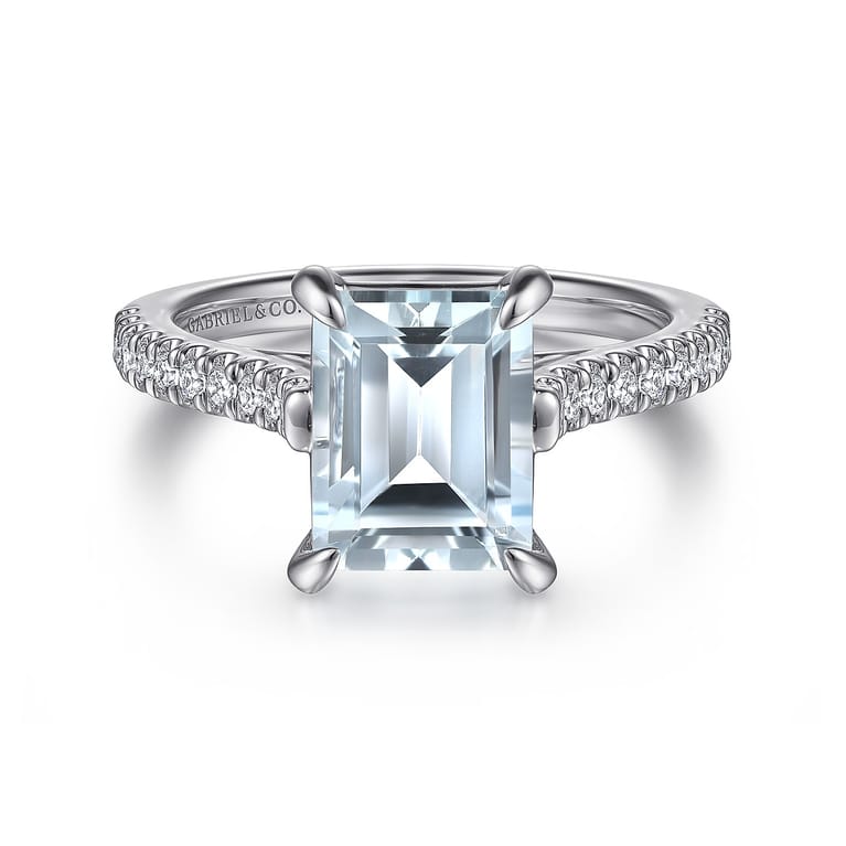 Shayanne - 14K White Gold Emerald Cut Aquamarine and Diamond Engagement Ring - 0.25 ct - Shot 1