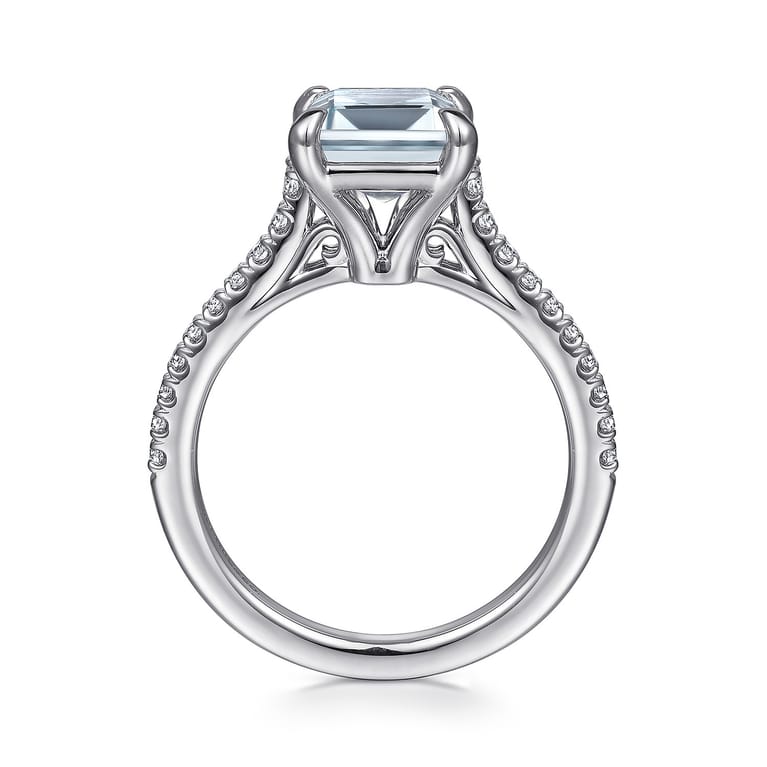 Shayanne - 14K White Gold Emerald Cut Aquamarine and Diamond Engagement Ring - 0.25 ct - Shot 2