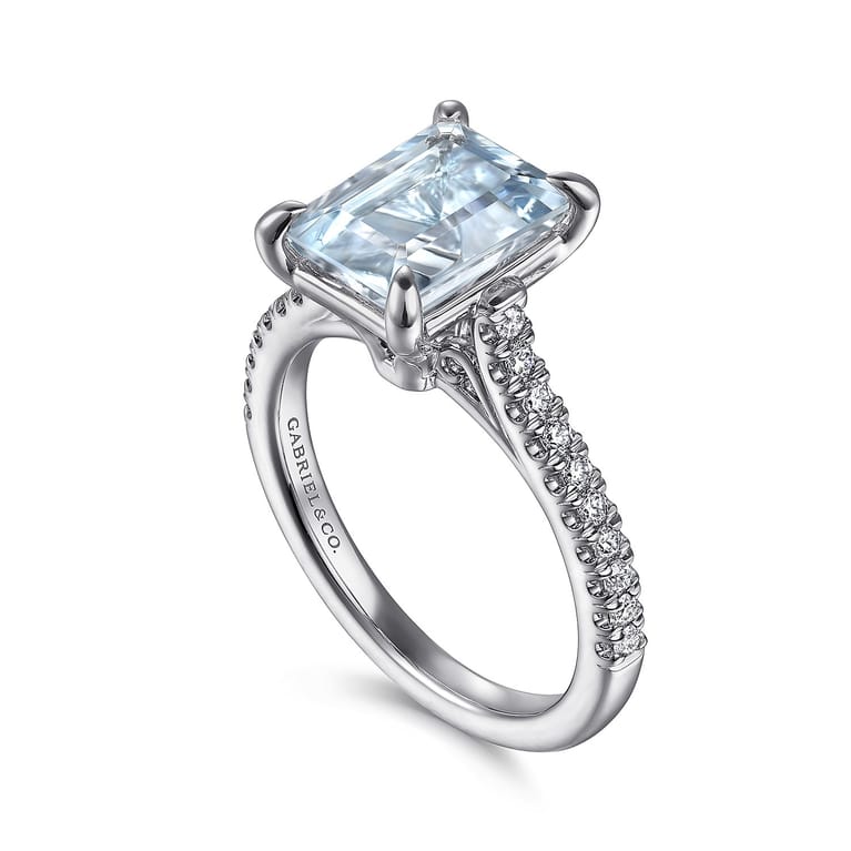 Shayanne - 14K White Gold Emerald Cut Aquamarine and Diamond Engagement Ring - 0.25 ct - Shot 3