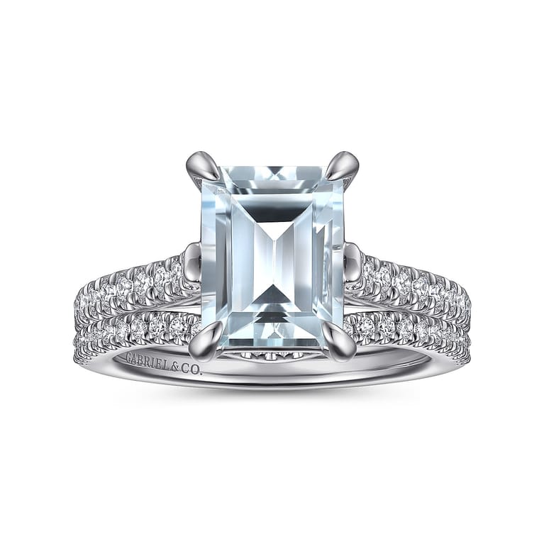 Shayanne - 14K White Gold Emerald Cut Aquamarine and Diamond Engagement Ring - 0.25 ct - Shot 4