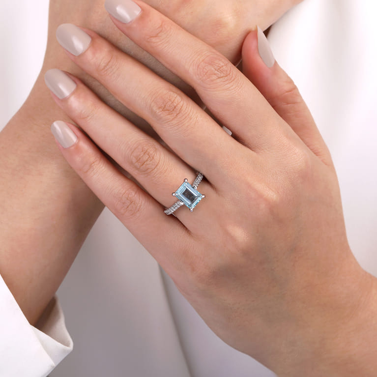 Shayanne - 14K White Gold Emerald Cut Aquamarine and Diamond Engagement Ring - 0.25 ct - Shot 6
