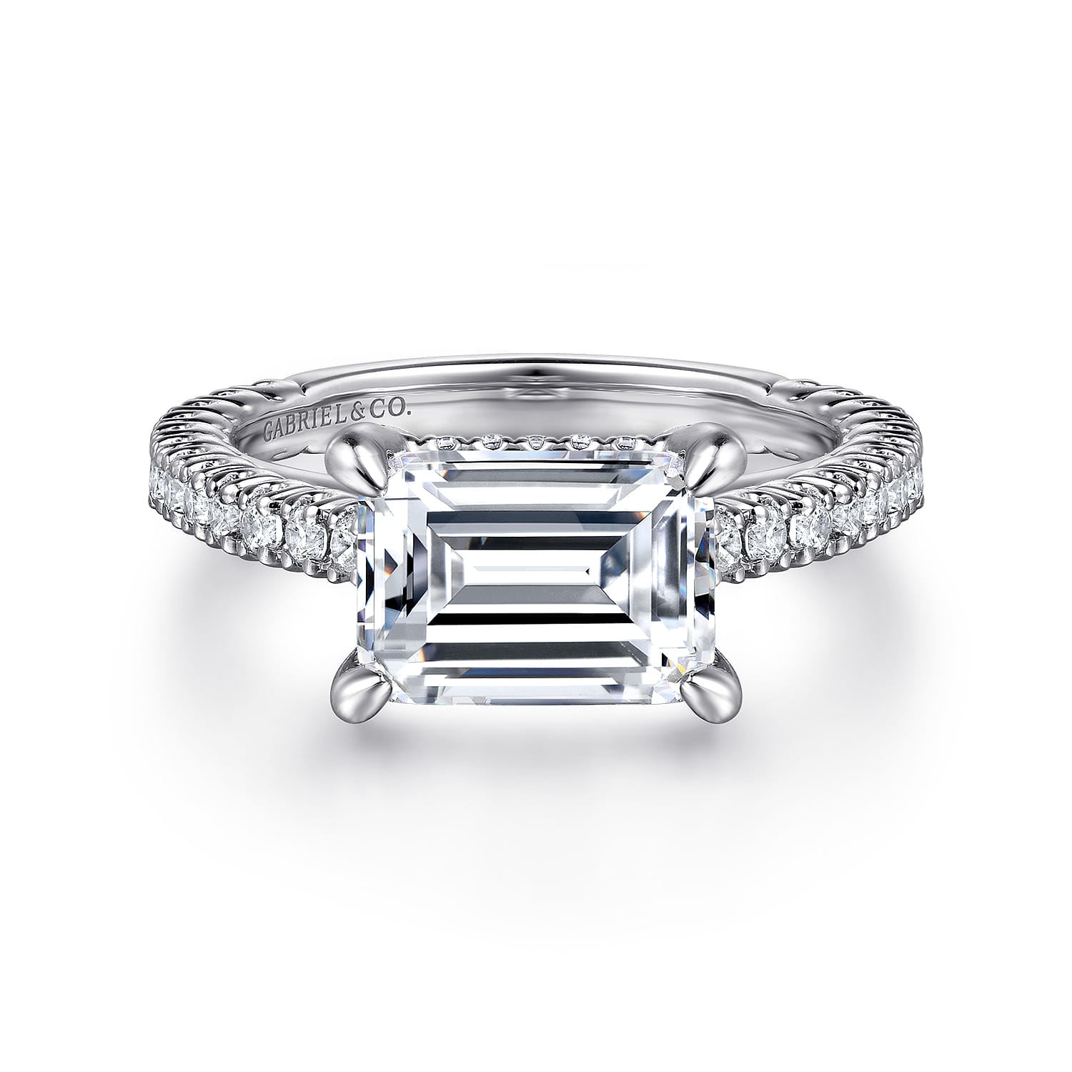 Laurel - 14K White Gold East West Emerald Diamond Engagement Ring - 0.58 ct - Shot 1