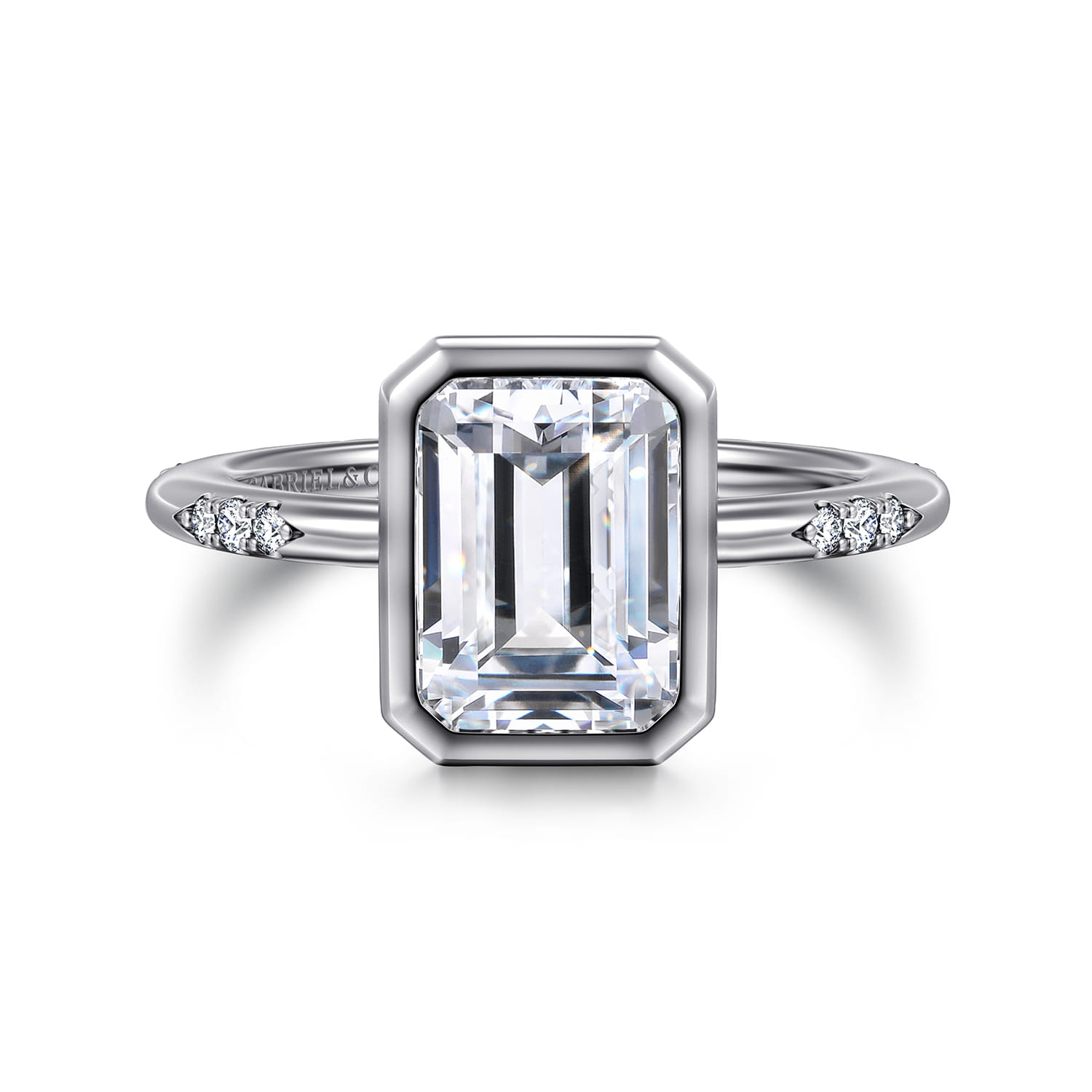 Aspen - 14K White Gold Bezel Set Emerald Cut Diamond Engagement Ring - 0.09 ct - Shot 1