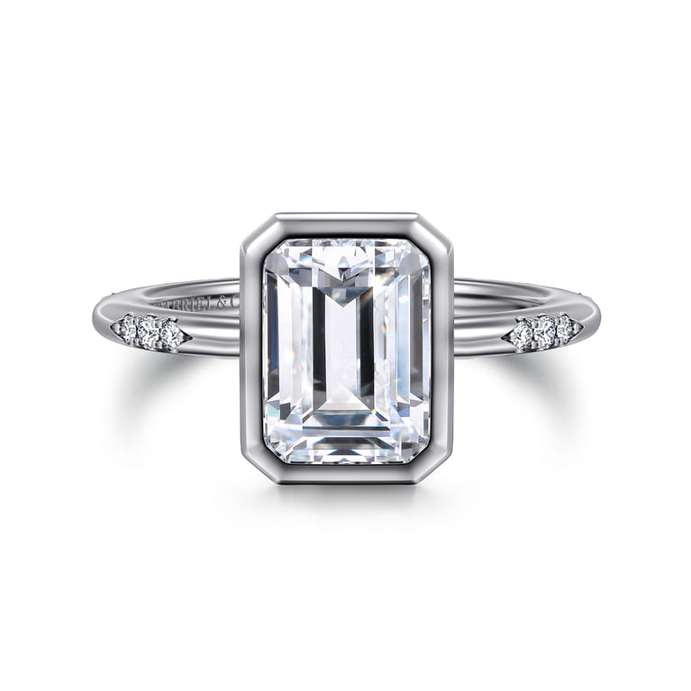 Aspen - 14K White Gold Bezel Set Emerald Cut Diamond Engagement Ring - 0.09 ct - Shot 1