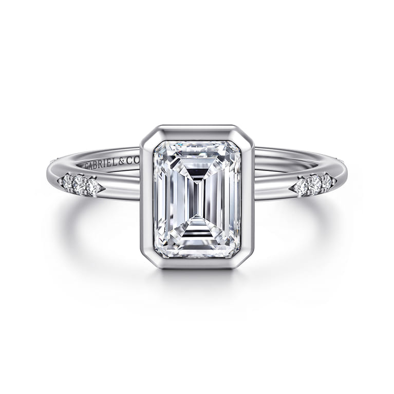 Aspen - 14K White Gold Bezel Set Emerald Cut Diamond Engagement Ring - 0.09 ct - Shot 1