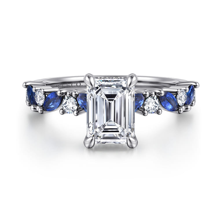 Damiana - 14K White Gold Emerald Cut Sapphire and Diamond Engagement Ring - 0.3 ct - Shot 1