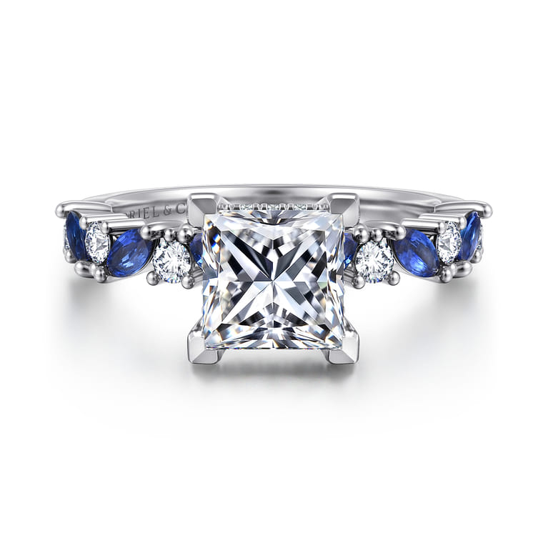 Damiana - 14K White Gold Princess Cut Sapphire and Diamond Engagement Ring - 0.3 ct - Shot 1