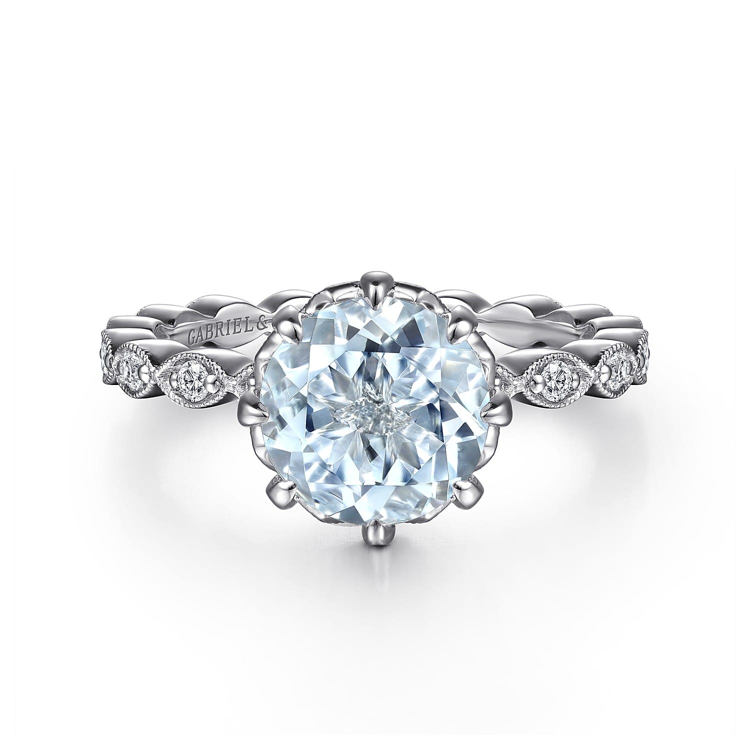 Liza - Vintage Inspired 14K White Gold Aquamarine and Diamond Engagement Ring - 0.3 ct - Shot 1