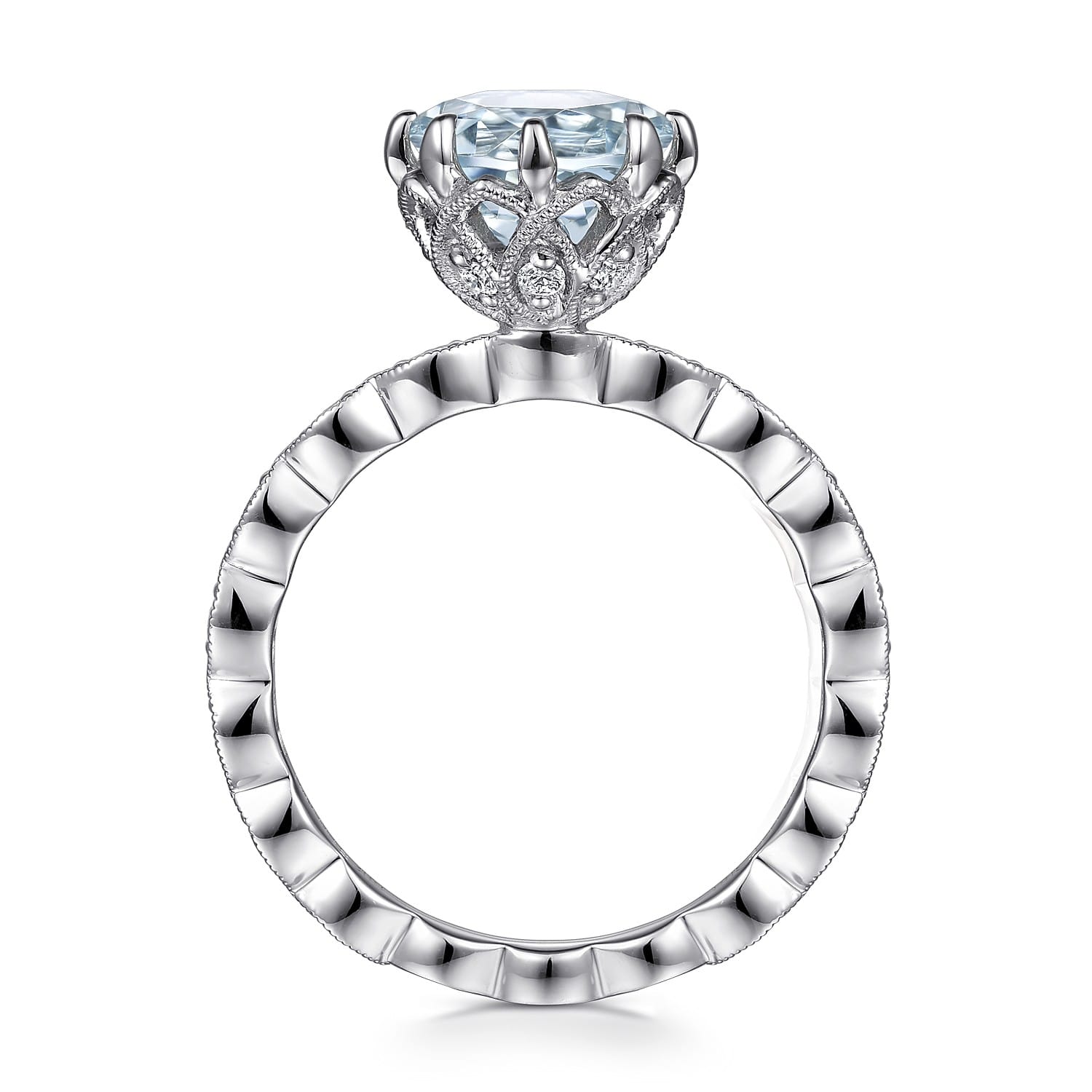 Liza - Vintage Inspired 14K White Gold Aquamarine and Diamond Engagement Ring - 0.3 ct - Shot 2