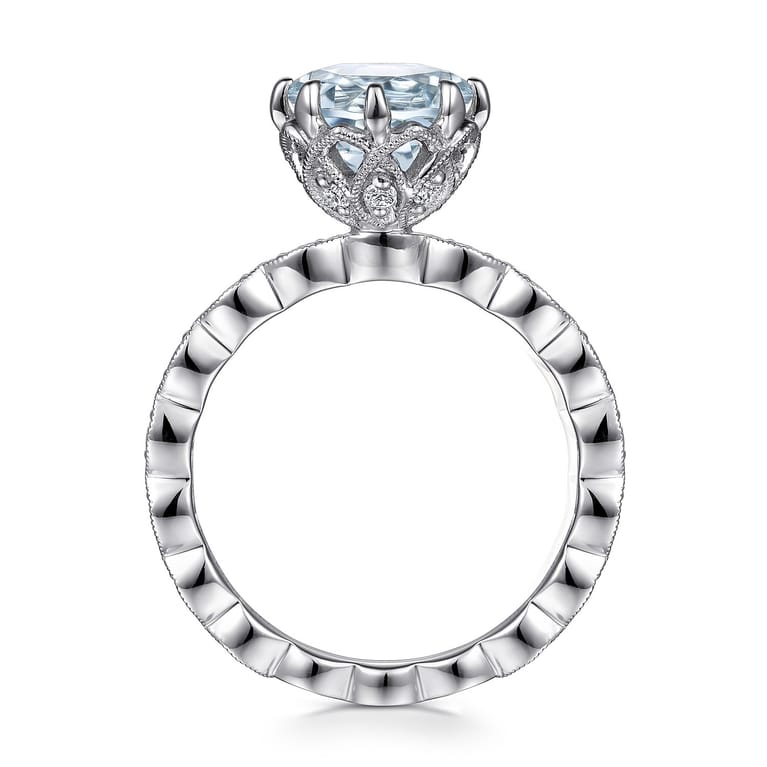Liza - Vintage Inspired 14K White Gold Aquamarine and Diamond Engagement Ring - 0.3 ct - Shot 2