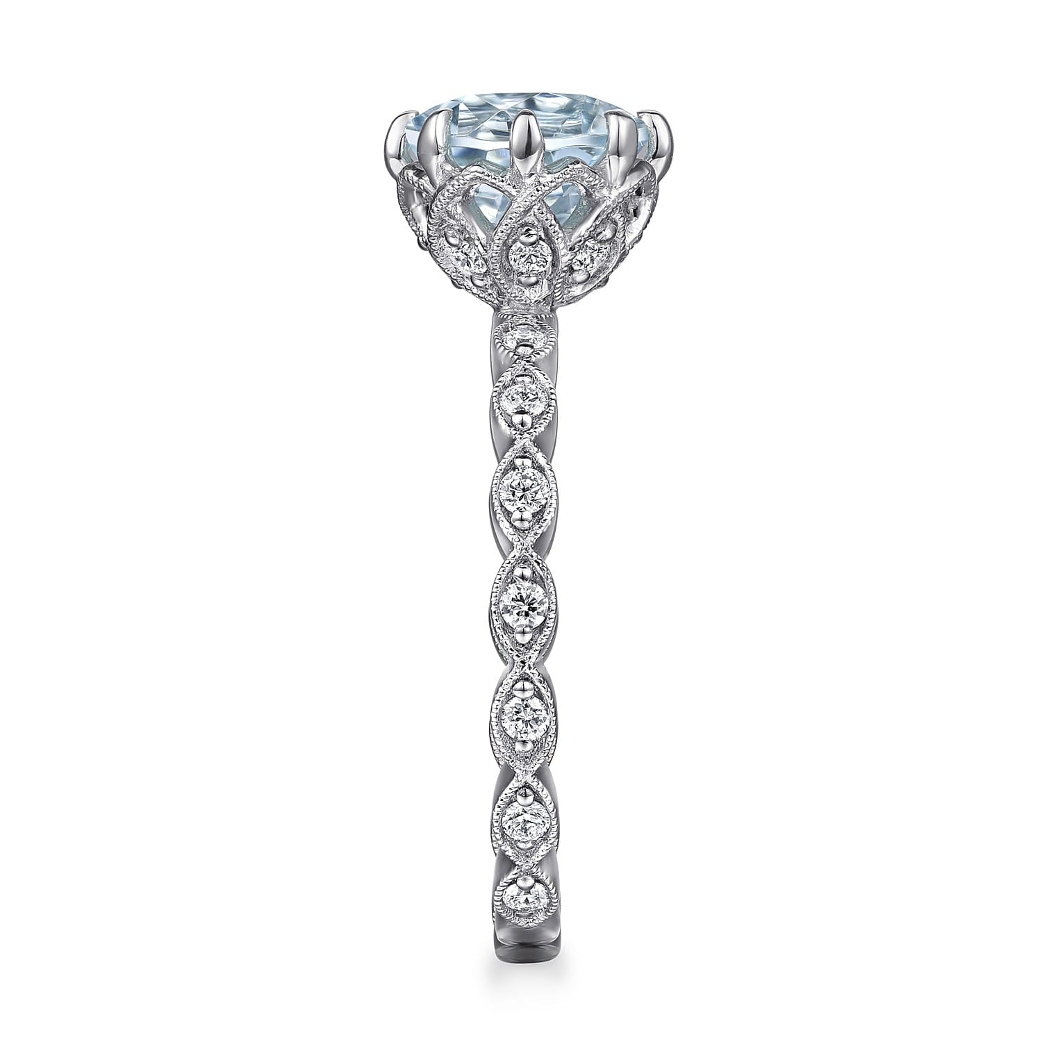 Liza - Vintage Inspired 14K White Gold Aquamarine and Diamond Engagement Ring - 0.3 ct - Shot 5