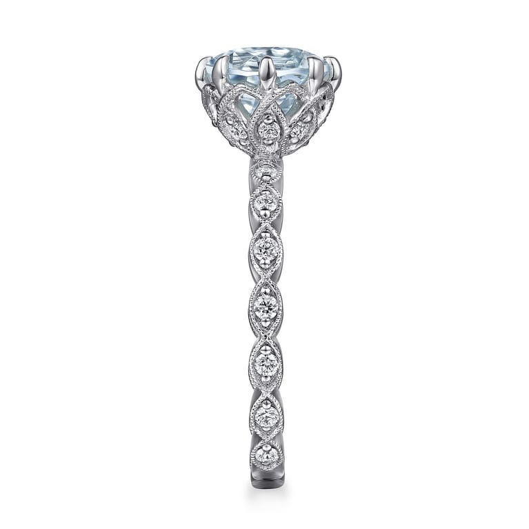 Liza - Vintage Inspired 14K White Gold Aquamarine and Diamond Engagement Ring - 0.3 ct - Shot 5