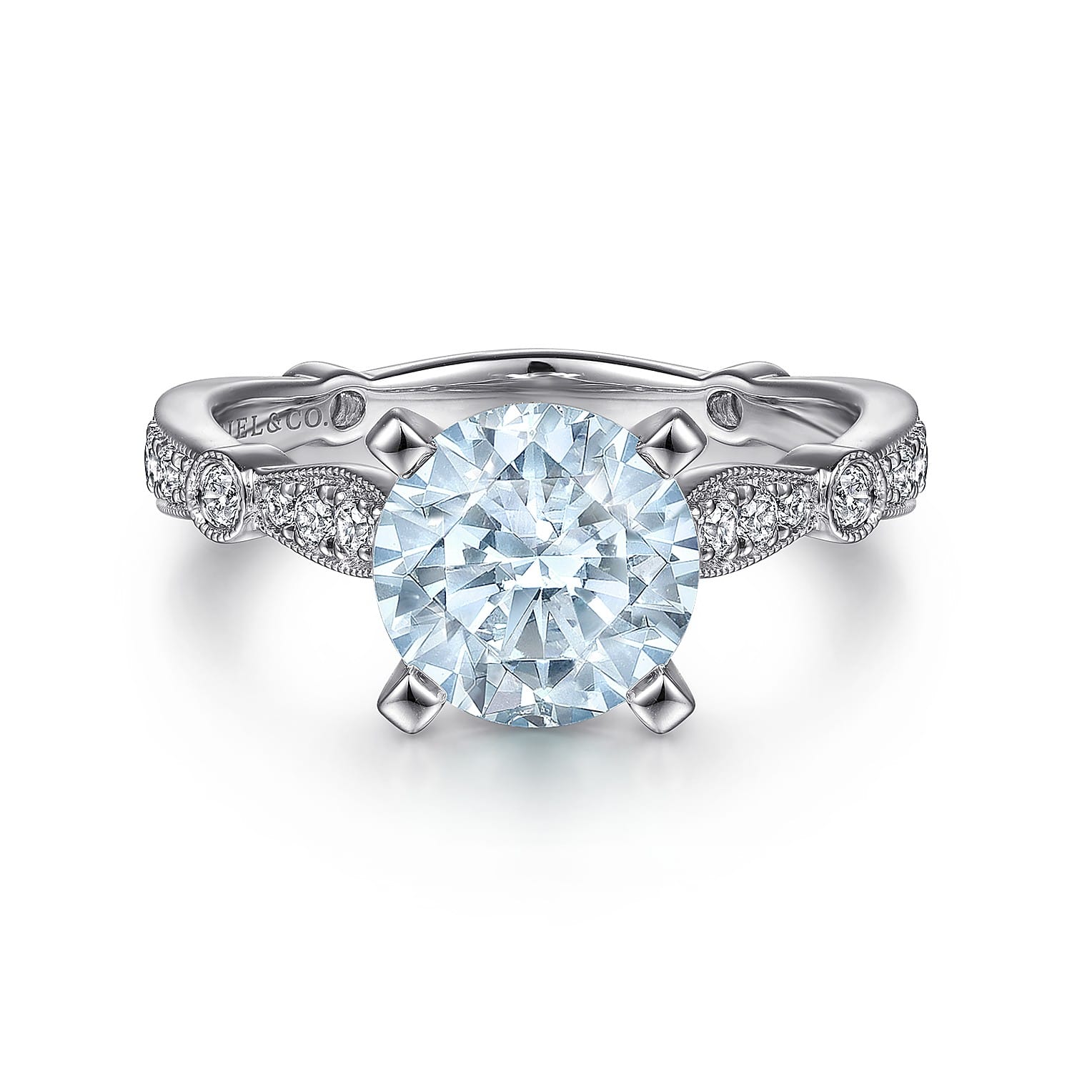 Aretha - 14K White Gold Straight Round Aquamarine and Diamond Engagement Ring - 0.36 ct - Shot 1