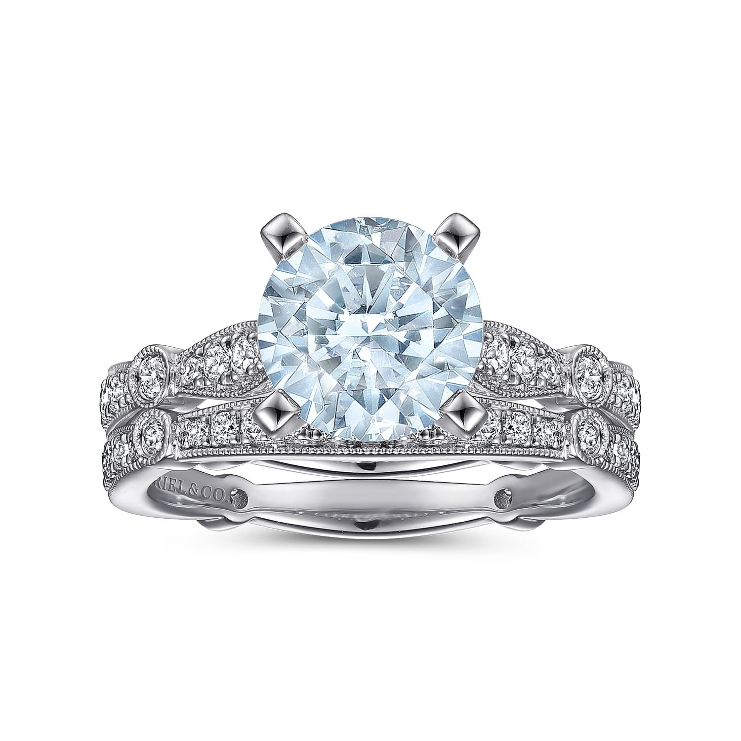 Aretha - 14K White Gold Straight Round Aquamarine and Diamond Engagement Ring - 0.36 ct - Shot 4
