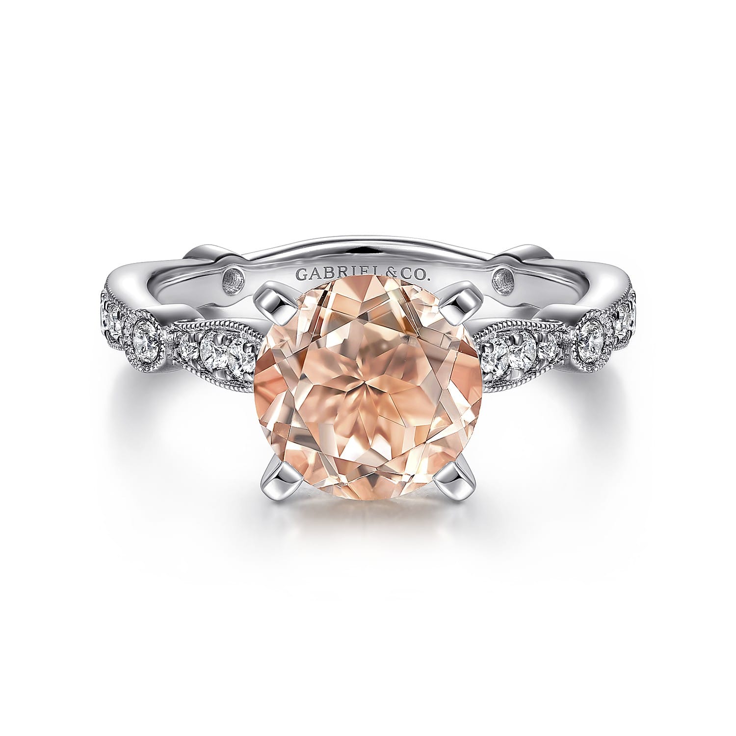 Mabel - Vintage Inspired 14K White Gold Round Morganite and Diamond Engagement Ring - 0.35 ct - Shot 1