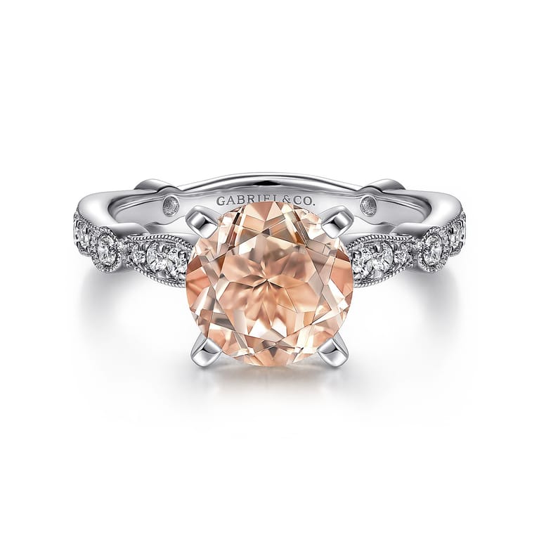 Mabel - Vintage Inspired 14K White Gold Round Morganite and Diamond Engagement Ring - 0.35 ct - Shot 1