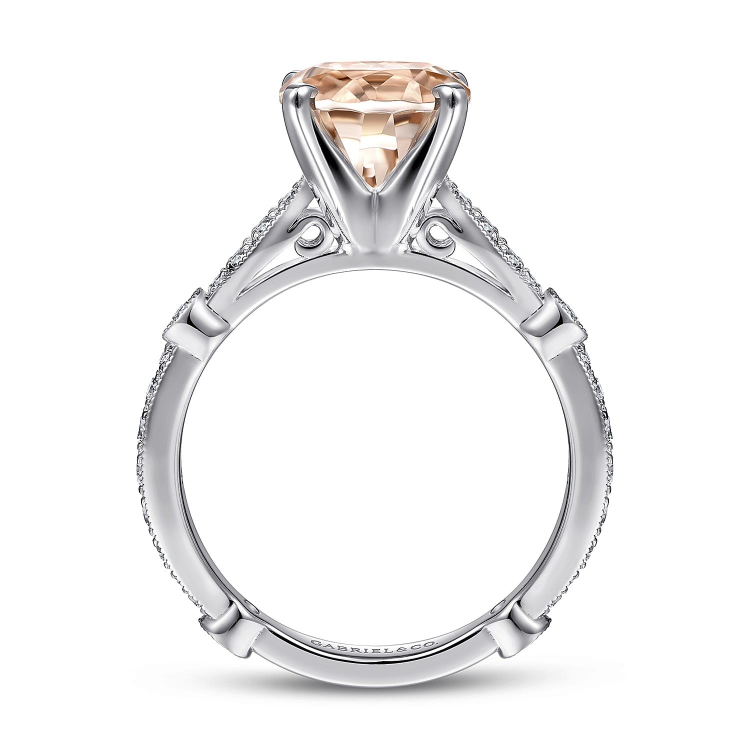 Mabel - Vintage Inspired 14K White Gold Round Morganite and Diamond Engagement Ring - 0.35 ct - Shot 2